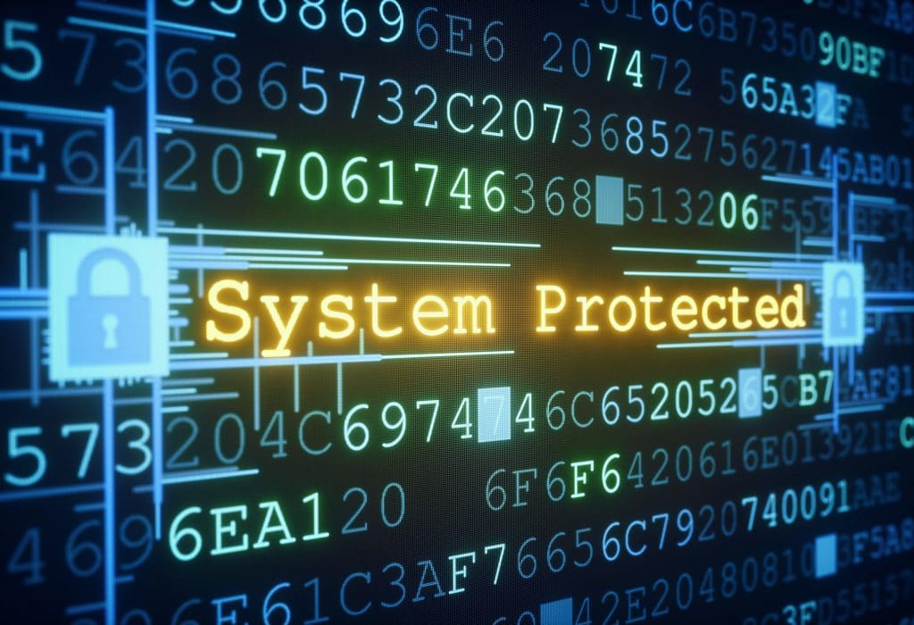 An abstract IT design concept of system or data protection. A central glowing message of "System Protected" is informing the user about the security status. Padlocks on both sides of the message are shown in a locked state, affecting the whole system. Everything is situated inside a hexadecimal code "data-block".